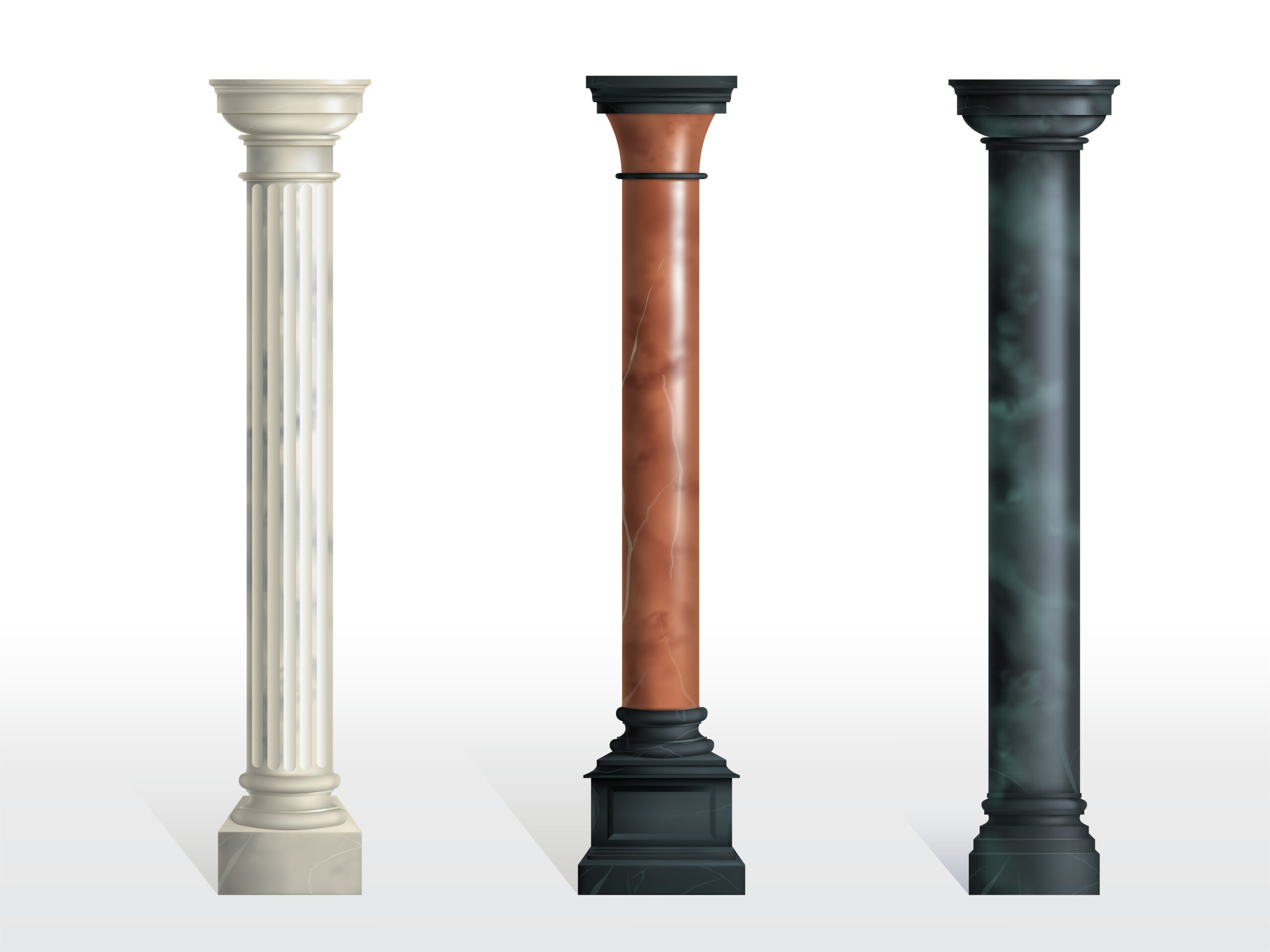 Antique cylindrical columns of white, red and black marble stone with cubical base realistic vector isolated on white background. Ancient architecture, historical or modern building exterior element