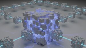 3D renderings depicting the concept of blockchain. The renderings showcase digital representations of blockchain technology, emphasizing its decentralized and secure nature.